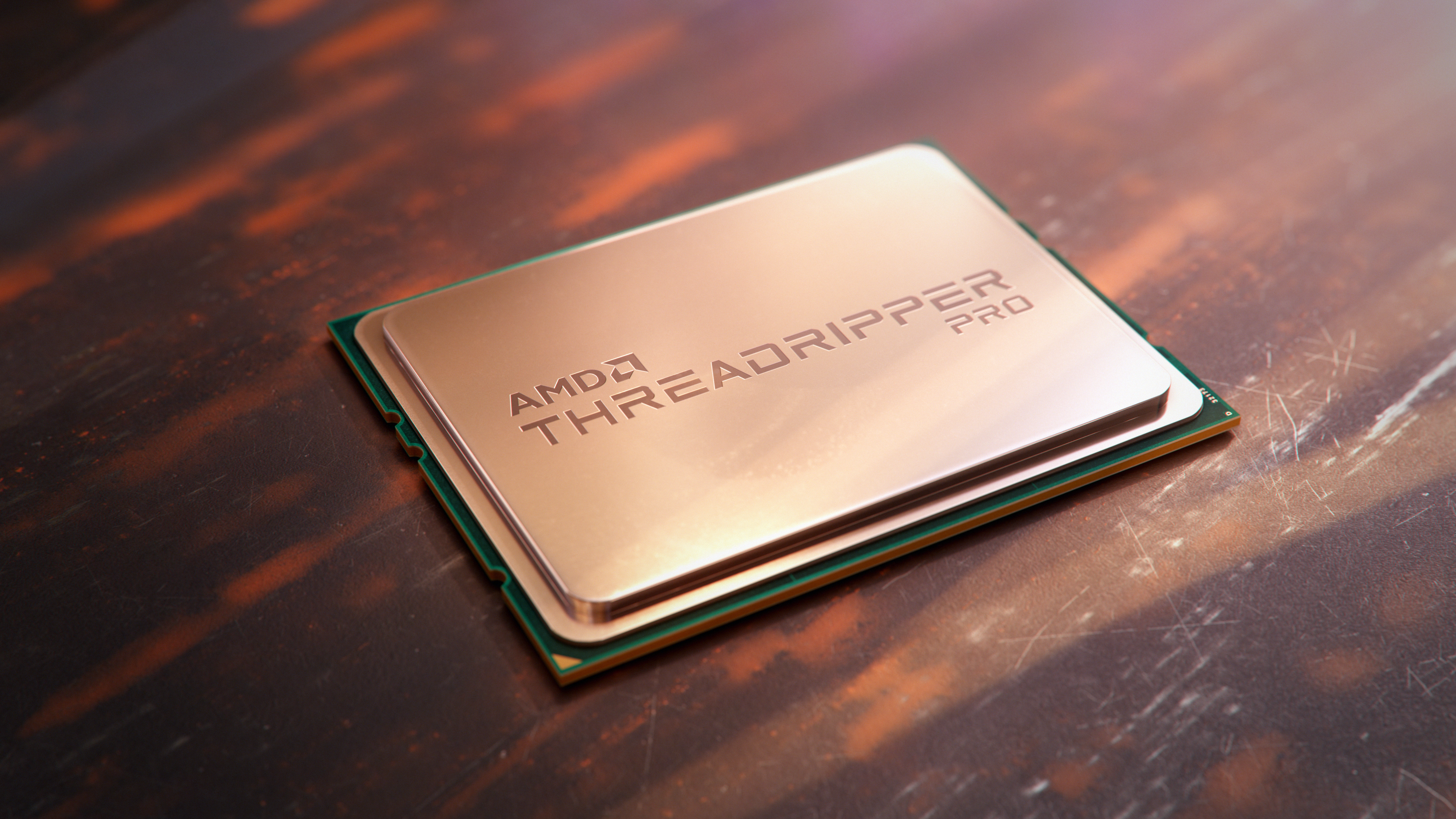 An artistic render of the AMD Threadripper PRO processor sitting on a wooden table.
