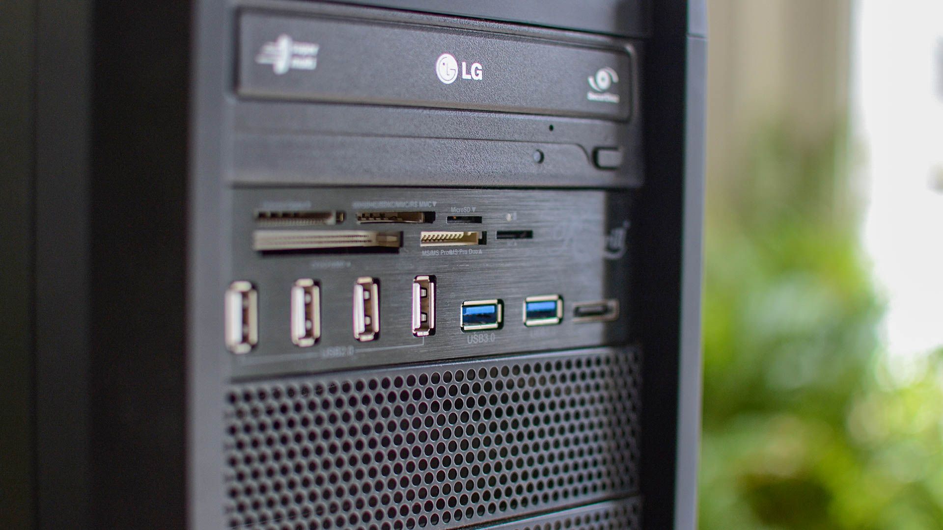 USB ports on the front of a PC tower. 