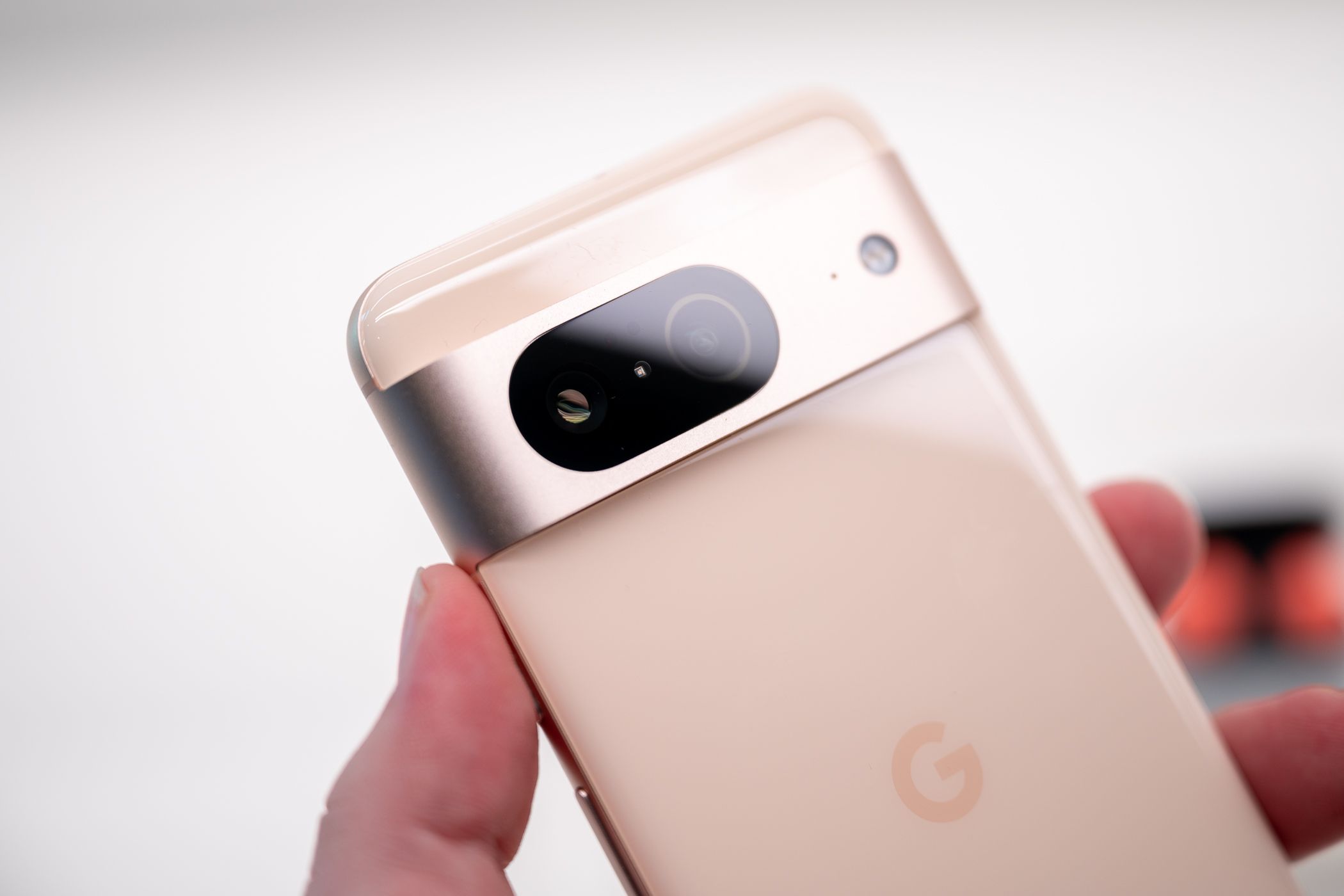 Close up of the two rear camera sensors on the back of the Google Pixel 8