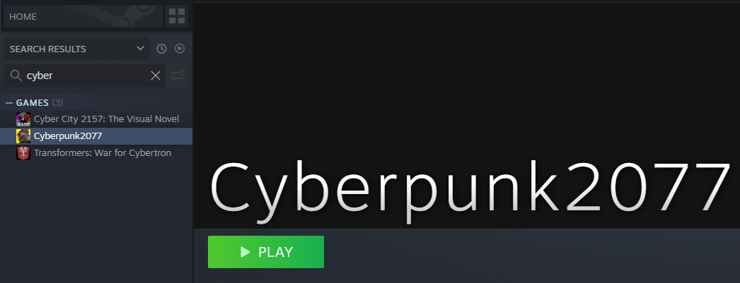 Steam Library with non-Steam version of Cyberpunk 2077 highlighted.