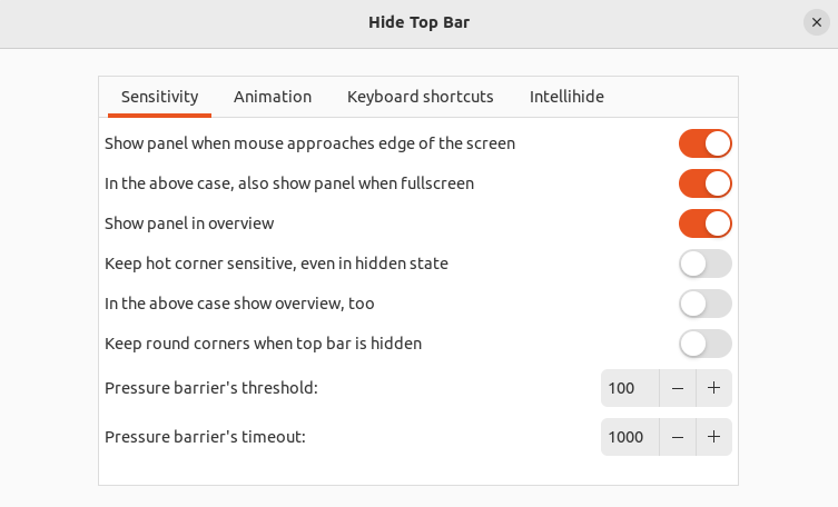 The Hide Top Bar extension settings menu