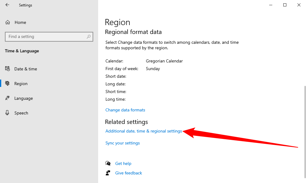 Select "Additional Date, Time & Regional Settings."