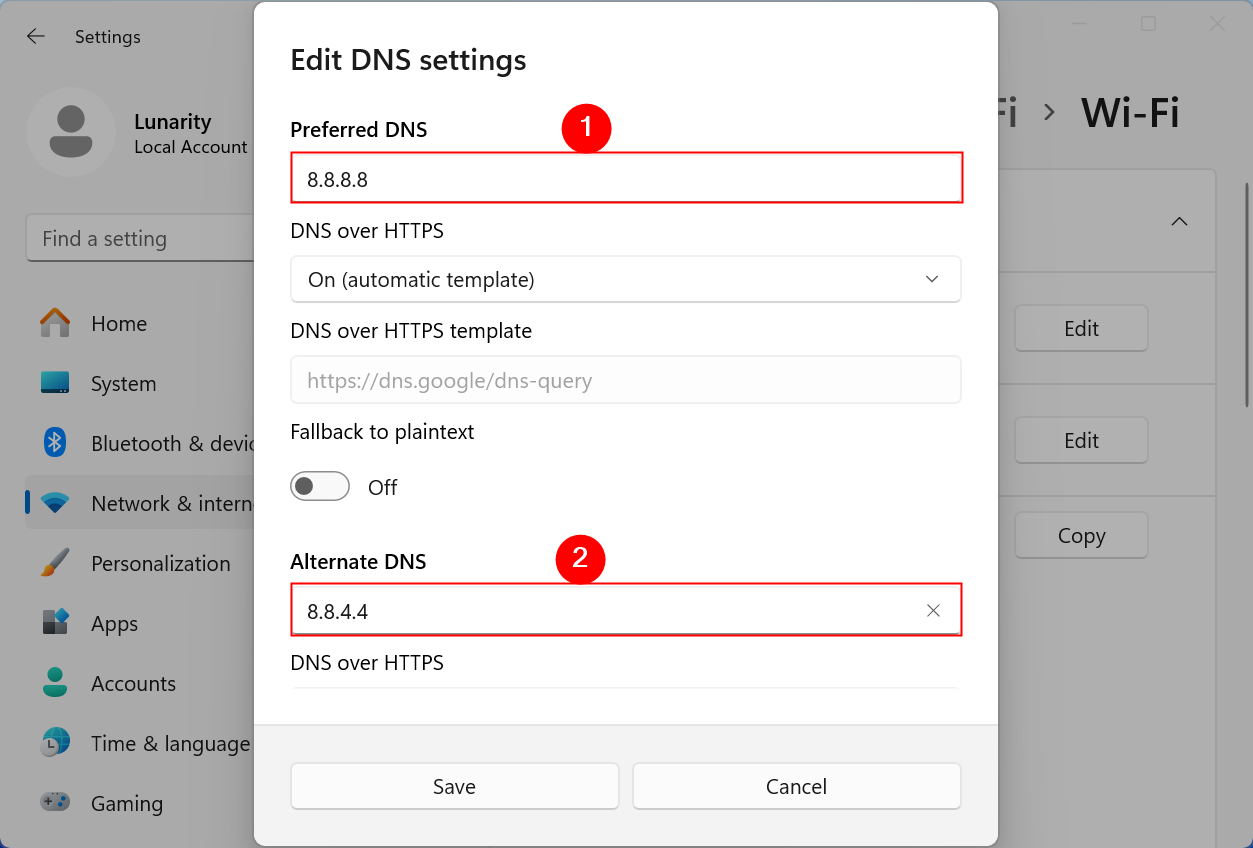 Alternative and primary DNS servers. In this example, we used Google's DNS server. 