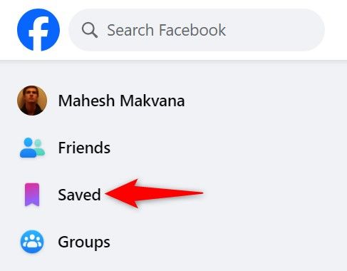 'Saved' highlighted in the left sidebar on Facebook's desktop site.