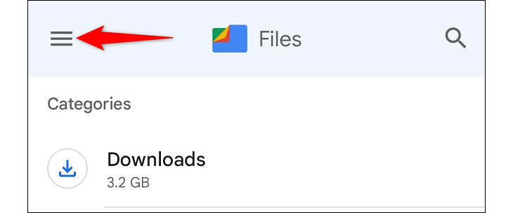 Arrow pointing at the Google Files menu button