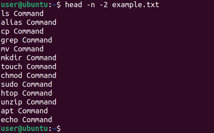 head command that displays all entries of the text file excluding the last two