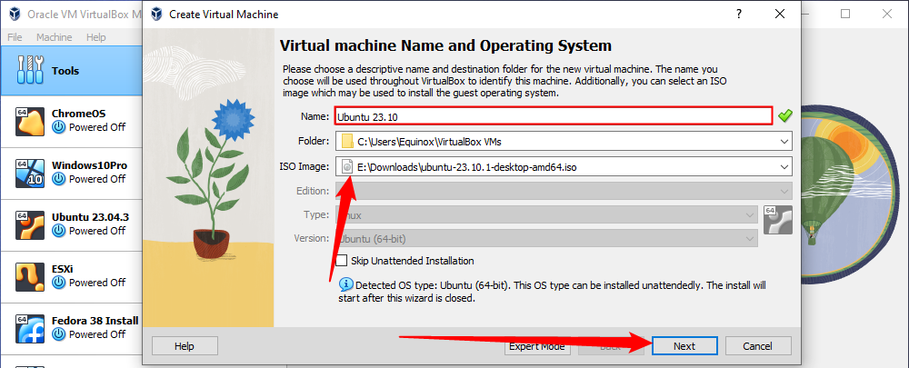 Pick the name of your VM, the ISO you're going to use, and the location where the VM will be stored. 