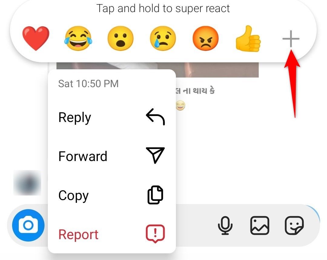 '+' highlighted for reaction emojis in Instagram's mobile app.