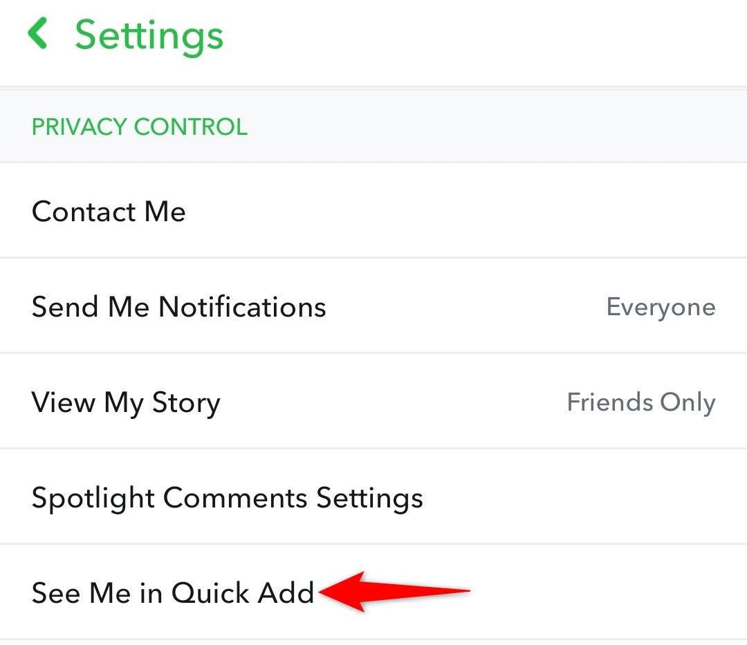 'See Me in Quick Add' highlighted in Settings of Snapchat.