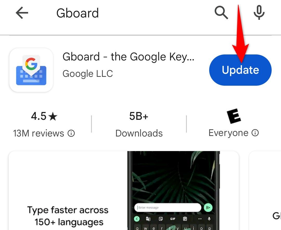 'Update' highlighted for Gboard in Google Play Store on an Android phone.