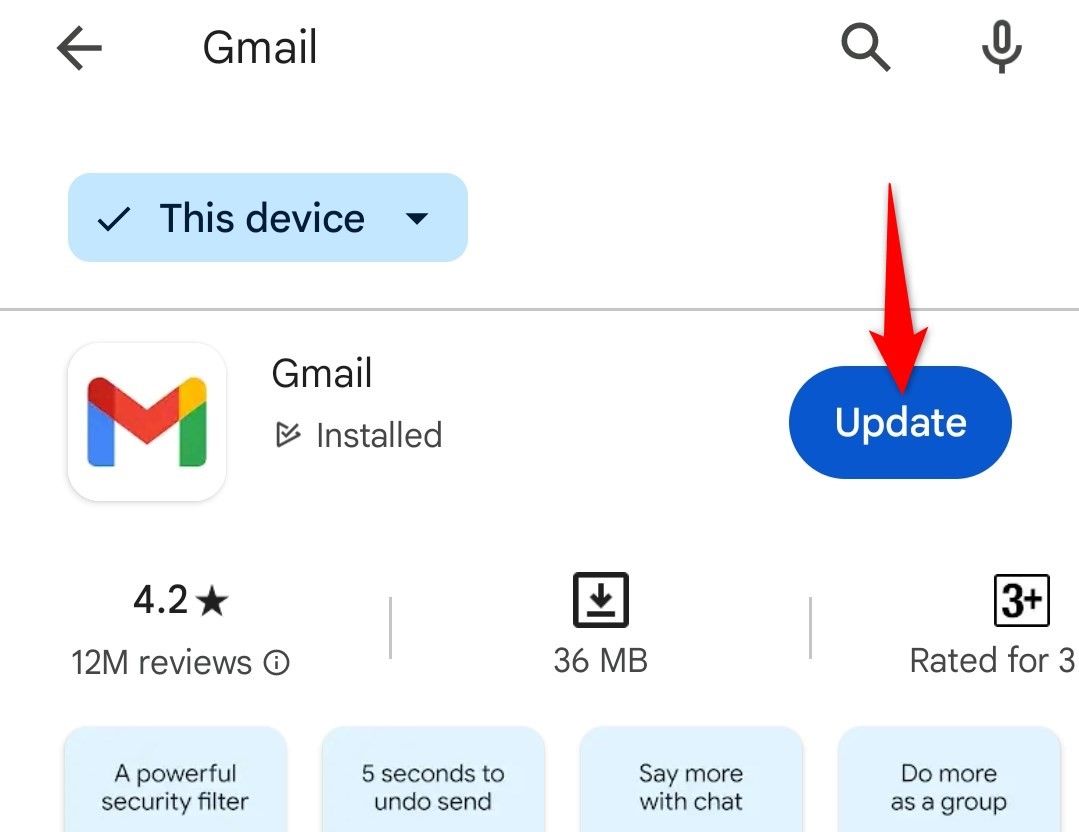 'Update' highlighted for Gmail in Play Store on Android.
