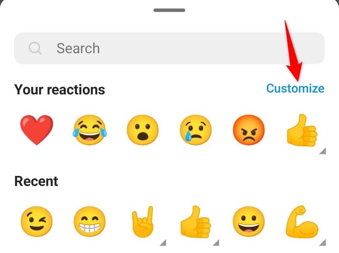 'Customize' highlighted in the 'Your Reactions' section of Instagram's mobile app.