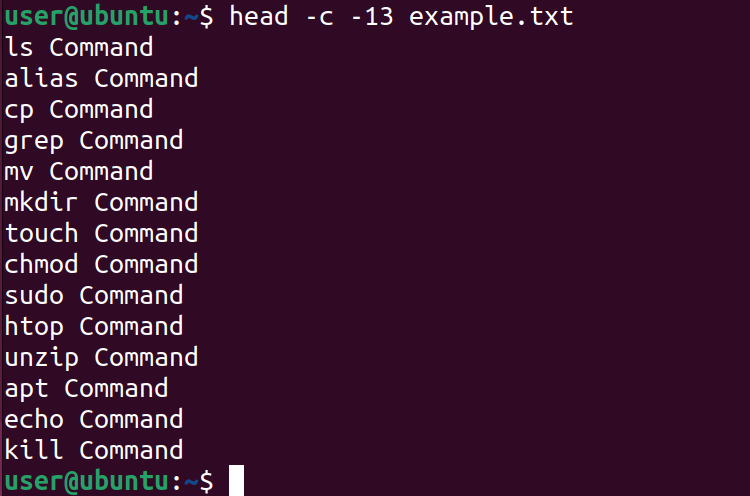 head command with -c option that excludes the last 13 characters of the text file and displays output on the terminal