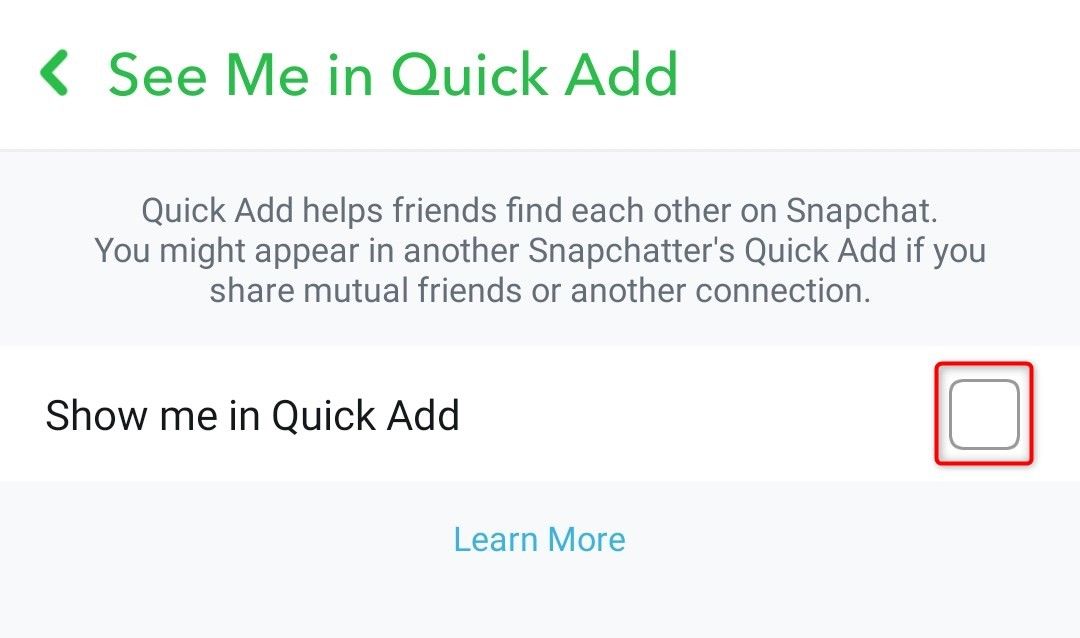 'Show Me in Quick Add' highlighted in Settings of Snapchat.