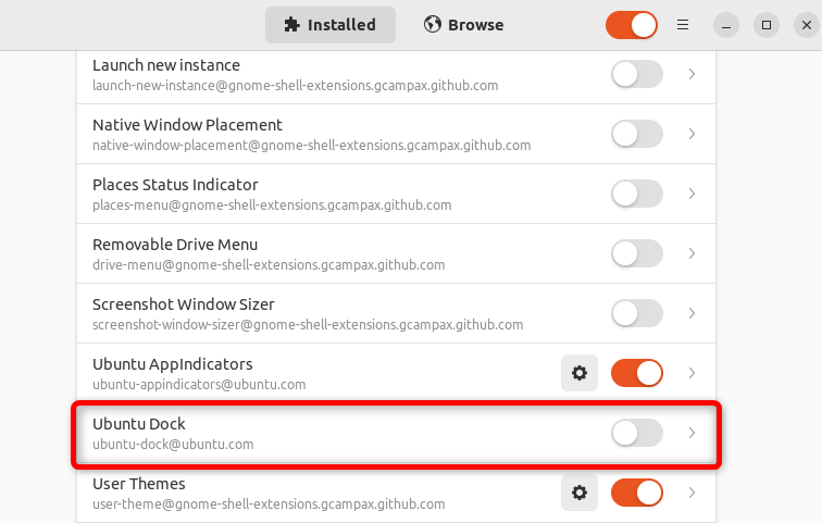 All installed extensions displayed with the Ubuntu Dock option turned off