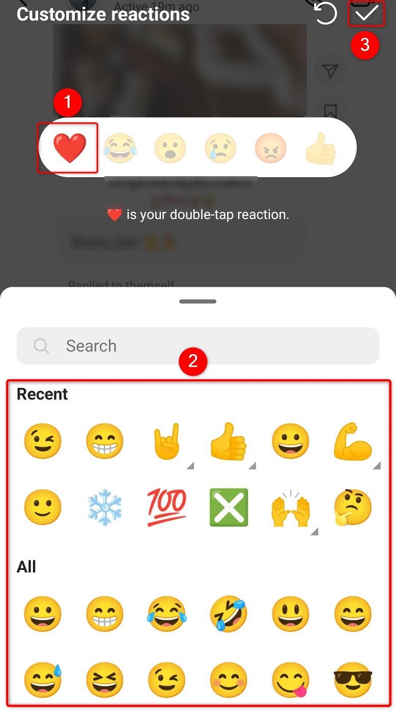 'Customize Reactions' screen in Instagram's mobile app.