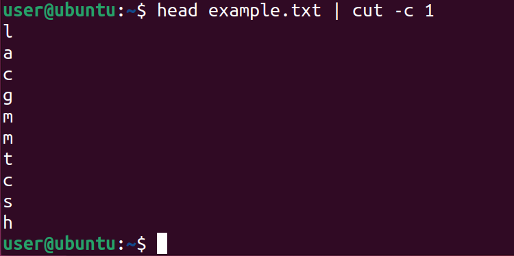 head command piped with cut command and displaying first characters of each line on the terminal