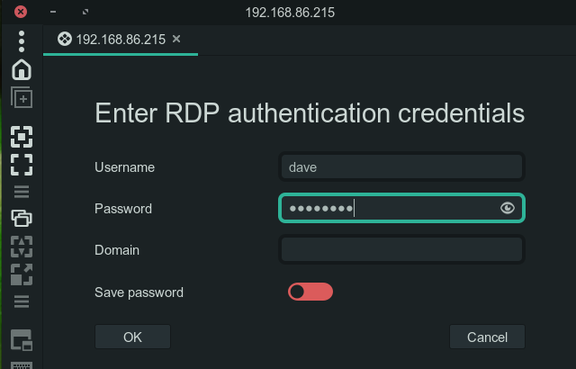 Entering the RDP credentials in Remmina, for a manual connection