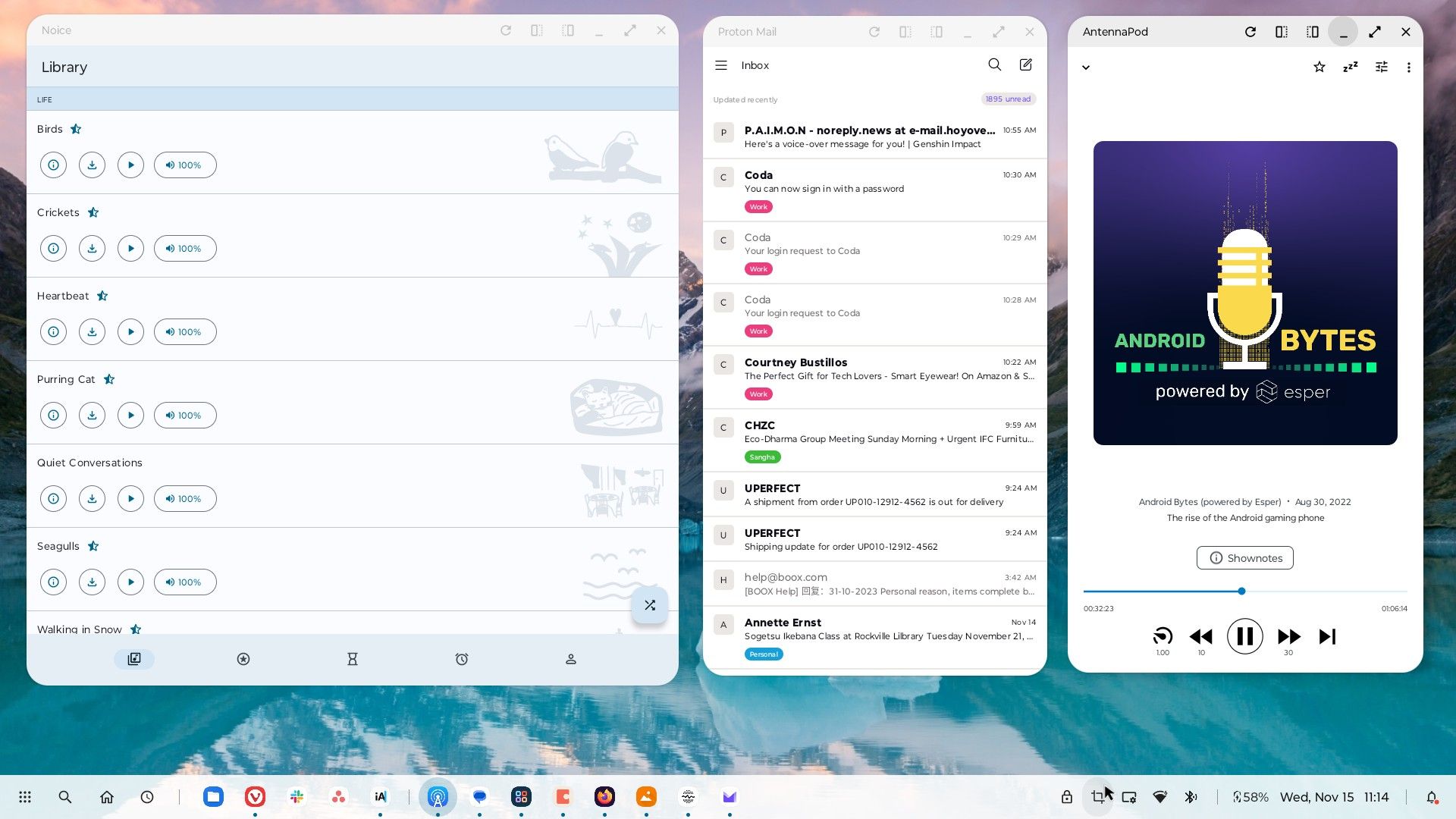 Multiple apps with phone layouts open on an Android desktop.