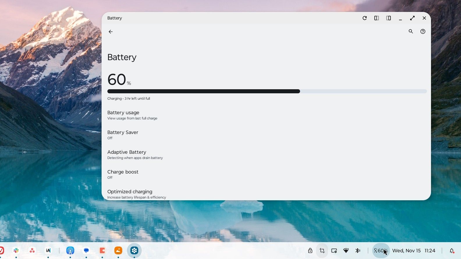 Clicking the battery icon in the taskbar opens a window.