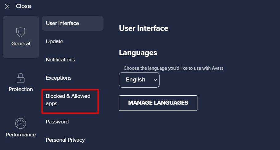 Blocked apps section in Avast antivirus