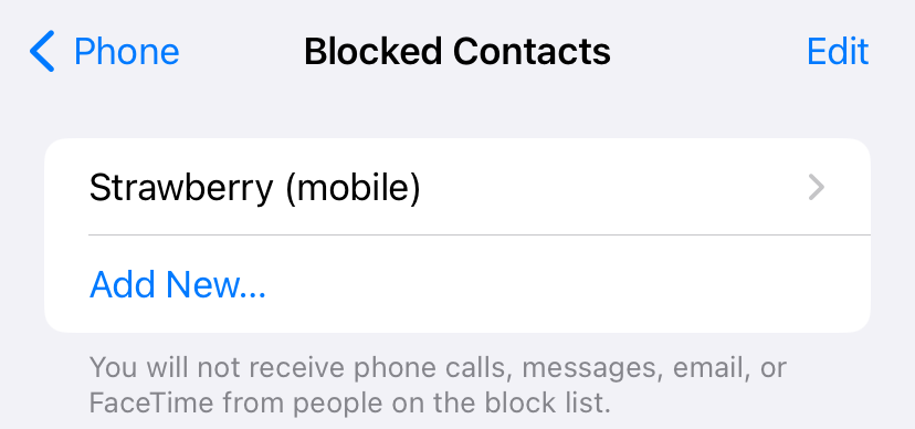 A complete list of blocked contacts is shown on this page. 