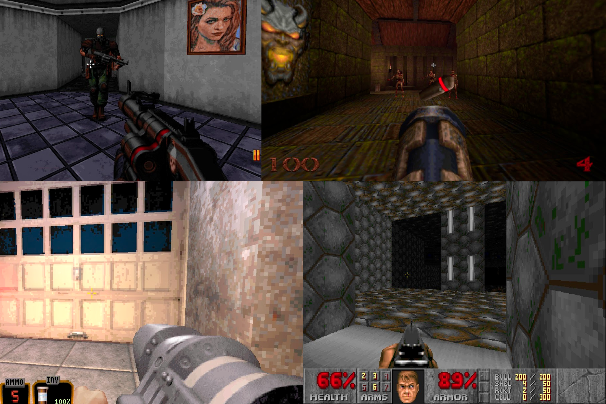 A collage of boomer shooters consisting of Ion Fury, Quake, Duke Nukem 3D, and Doom.