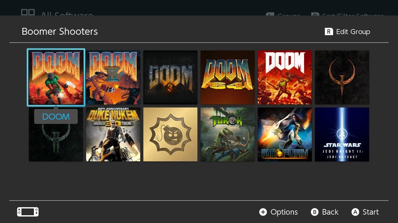 Boomer Shooter Collection on the Nintendo Switch Including several DOOM games, Serieous Sam, Duke Nukem, Turok, Quake, and more.