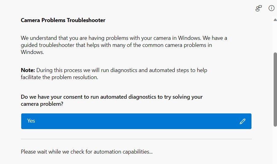 Camera Troubleshooter in the Get Help window