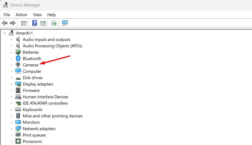 Cameras category in the Device Manager