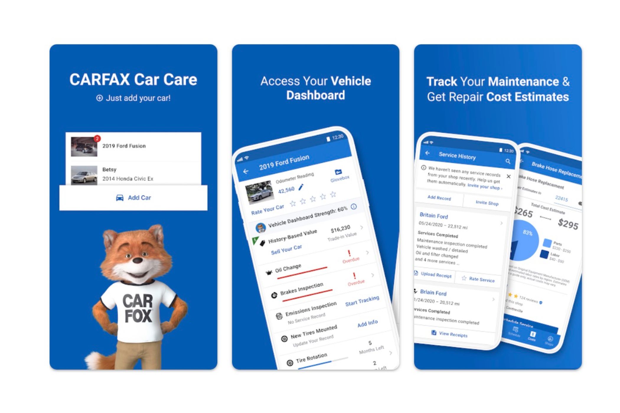 Screenshots of the myCARFAX Android app. 