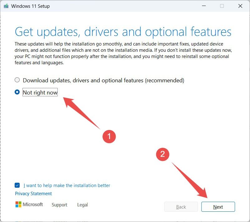 Selecting not to get updates in the Windows 11 Setup wizard