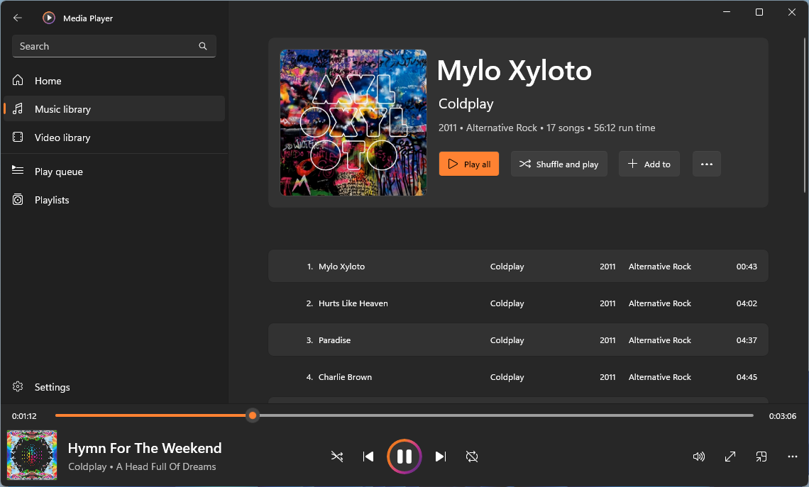 Playing music in Media Player on Windows 11
