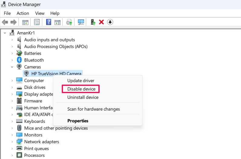 Disable device option in the Device Manager