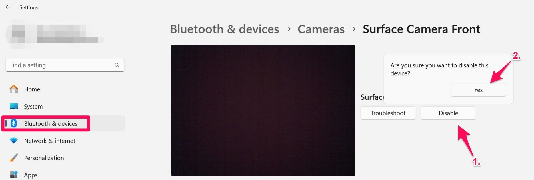 Disabling a camera device in the camera settings on windows 11