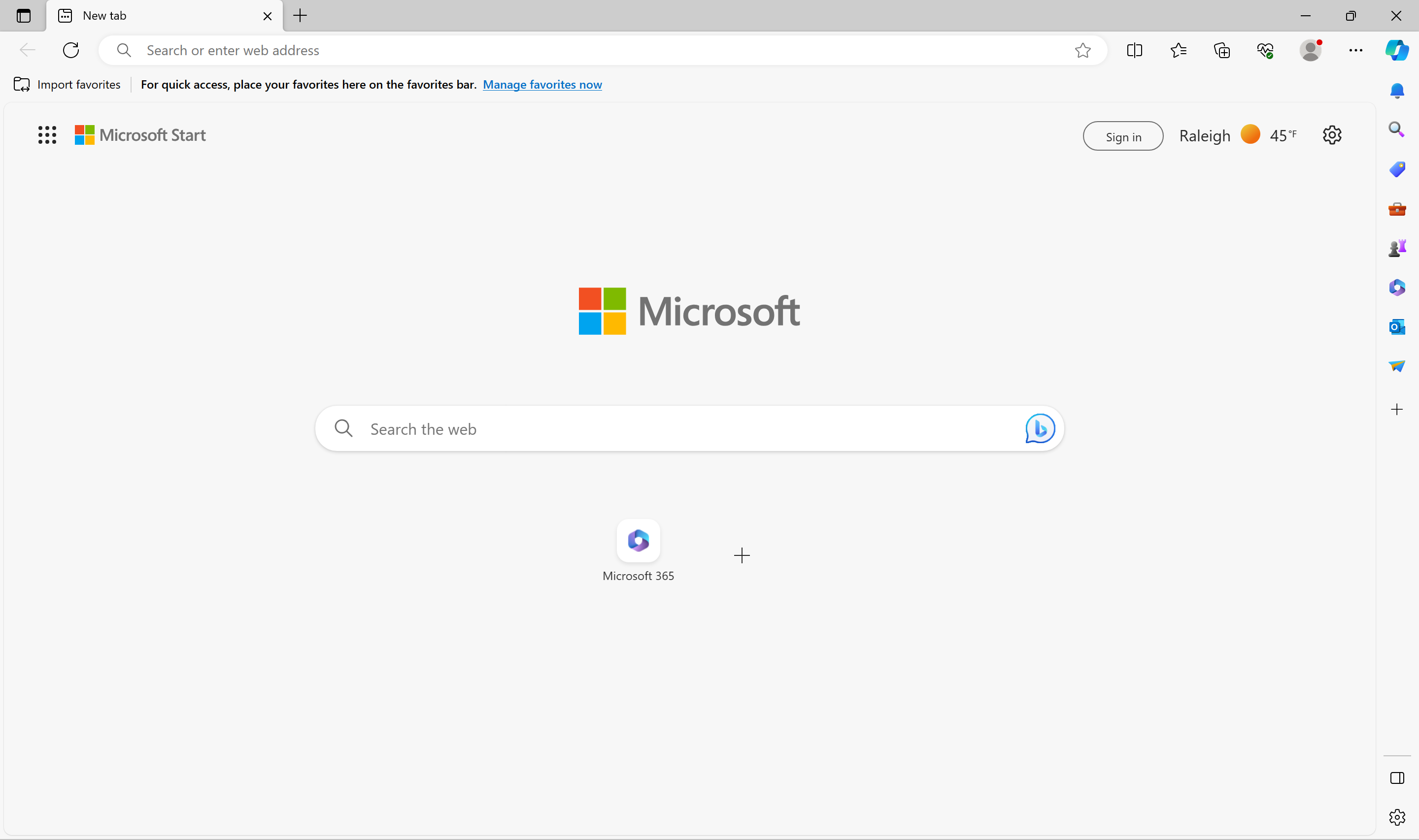 Microsoft Edge with minimal new tab page