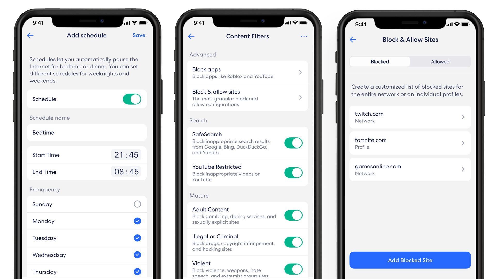 Schedule, content filter, and block screens in Eero app