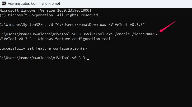 ViVoTool Enable command in Command Prompt