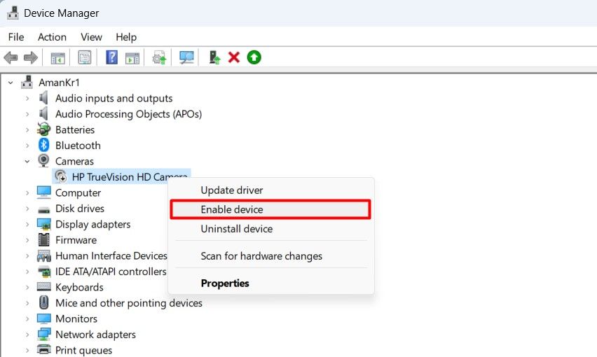 Enable Device option in the Device Manager