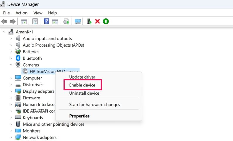 Enable device option in the Device Manager