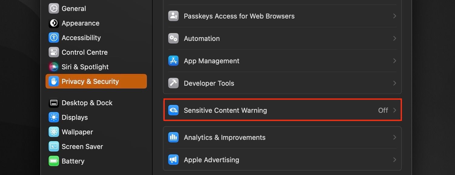 Sensitive Content Warning setting in macOS System Settings.