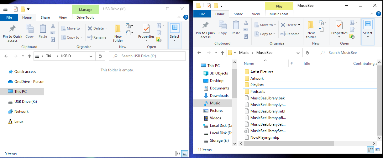Two File Explorer windows positioned side by side. 