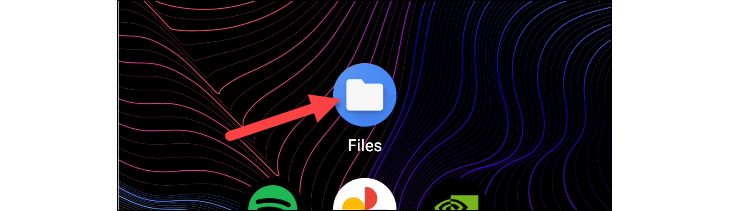 An arrow pointing at the files app on the home screen