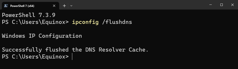 The DNS Cache has been flushed successfully in PowerShell. 