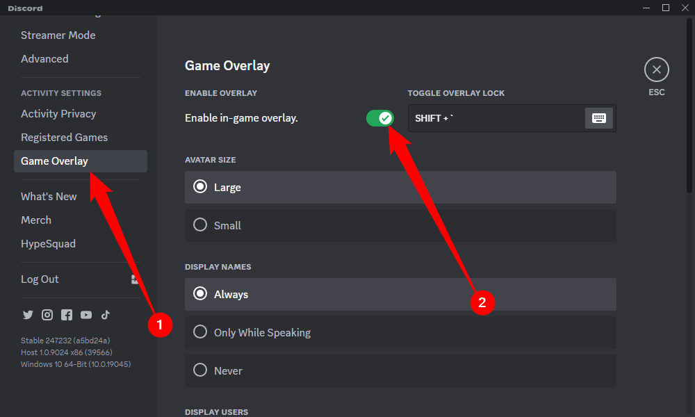 Toggle the switch for "Enable in-game overlay" to the off position. 