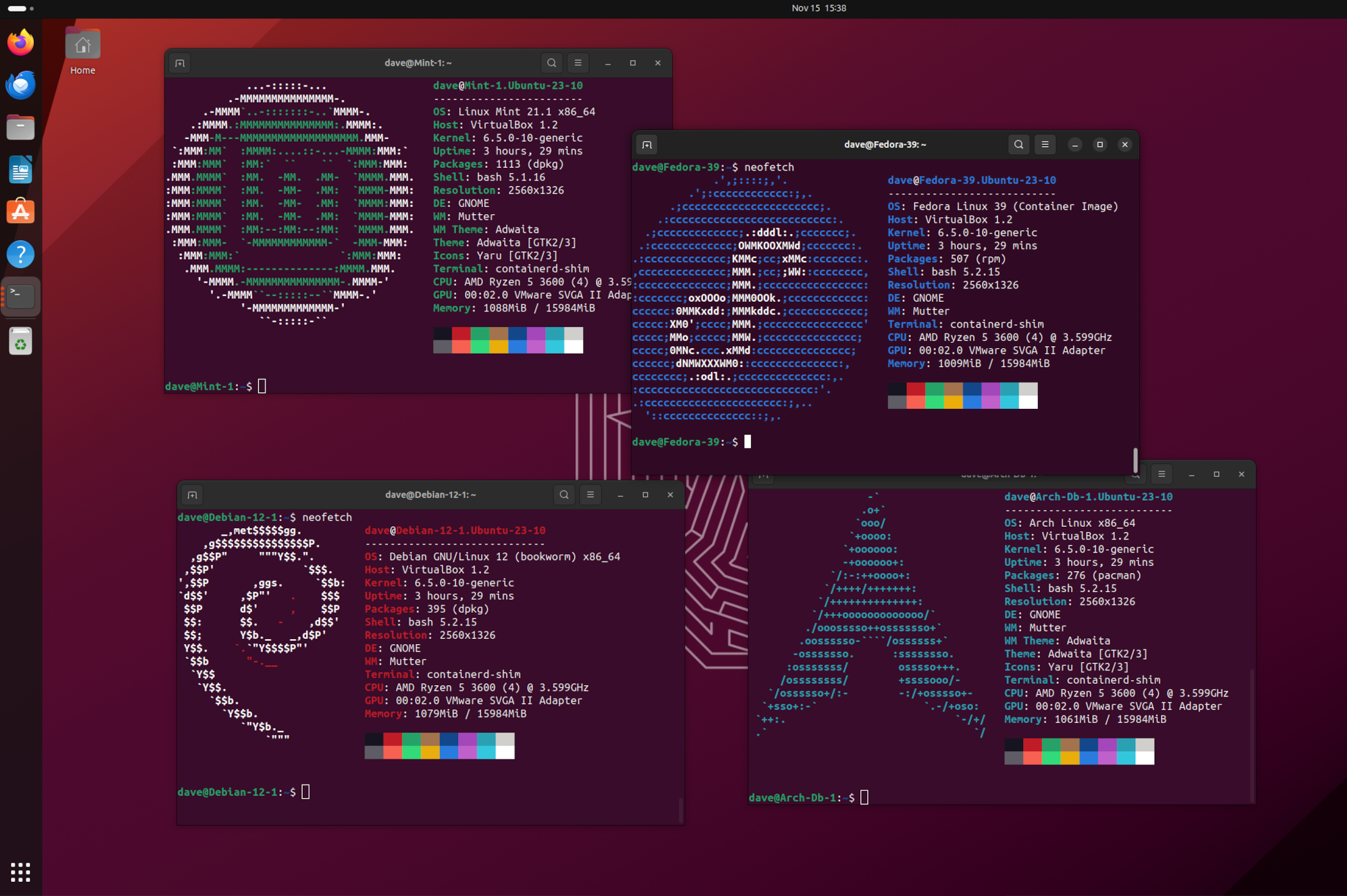 An Ubuntu desktop with Linux Mint, Arch Linux, Fedora, and Debian Linux containers open in terminal windows