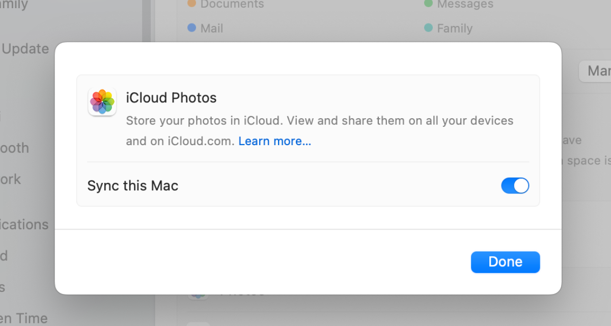 iCloud photos activation from System Settings.