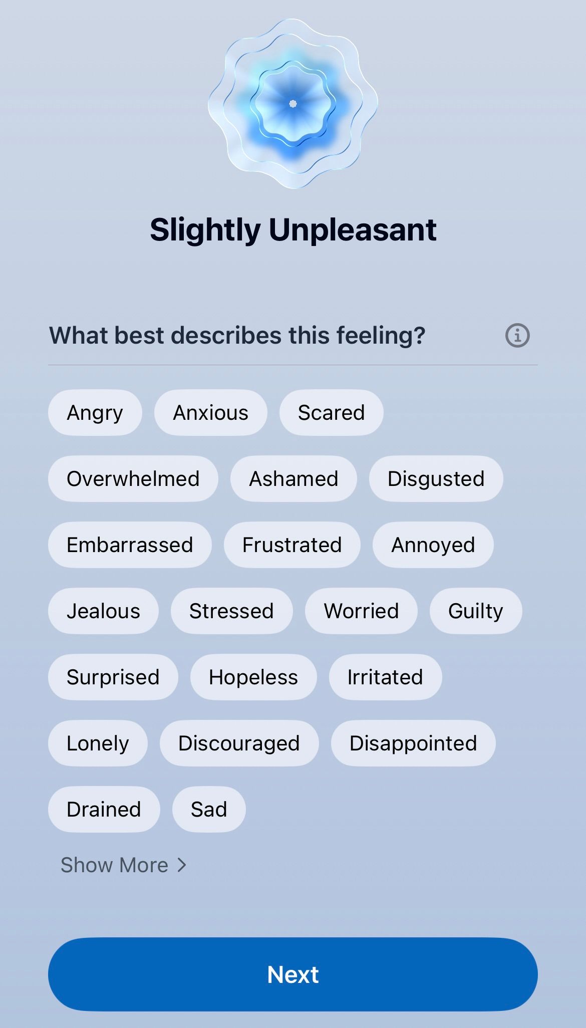 An iPhone showing words to be selected by user for logging mood.