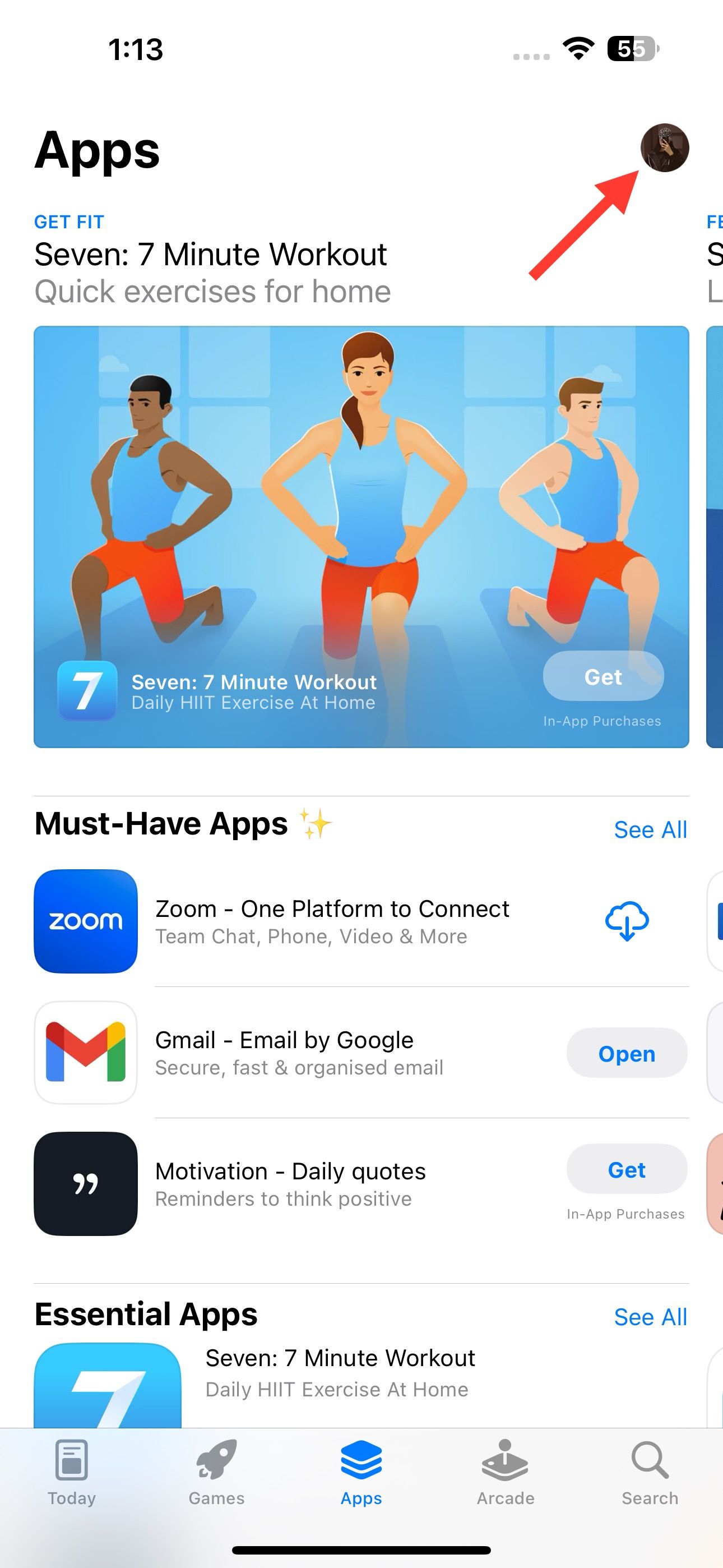 Apple App Store showing the user profile icon in the upper right corner.