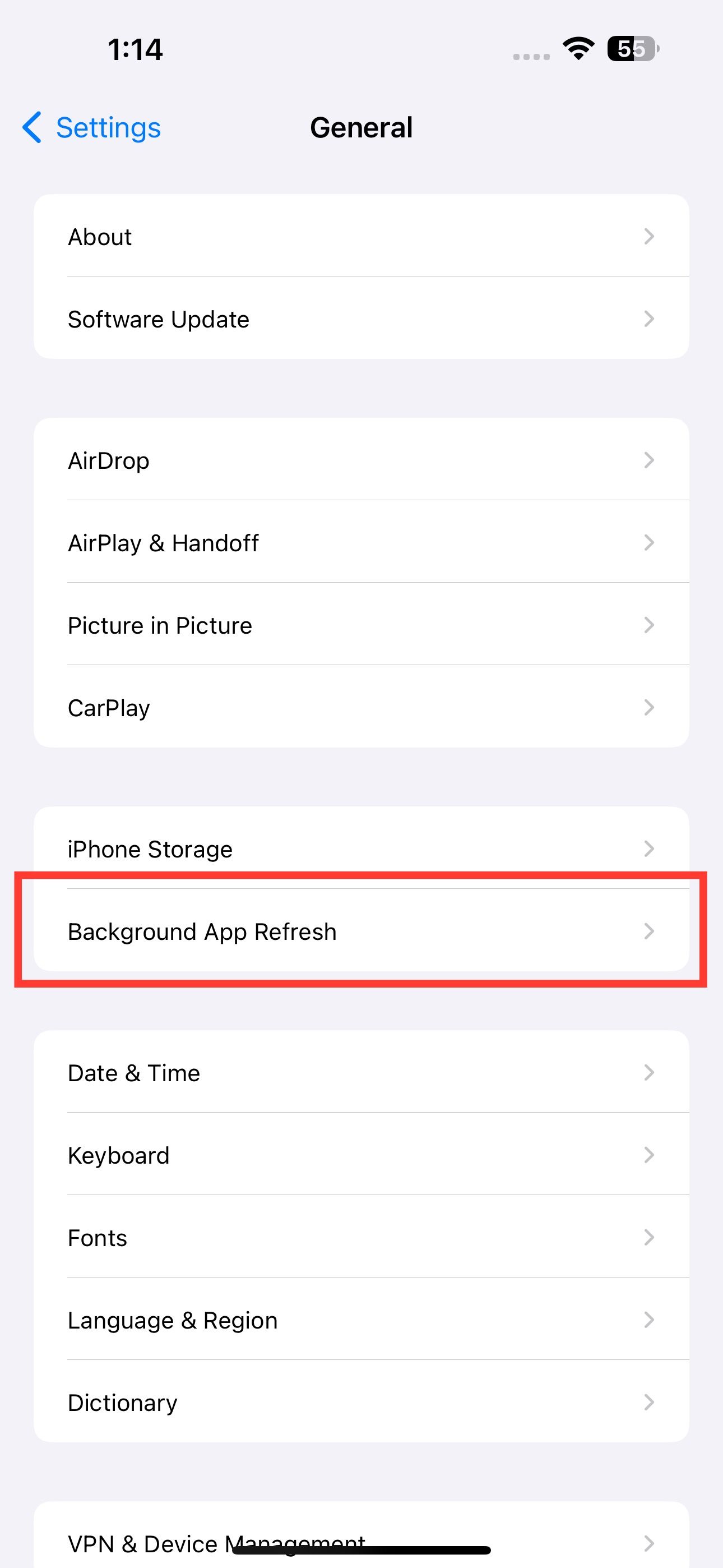 iPhone General Settings screen showing the Background App Refresh option.